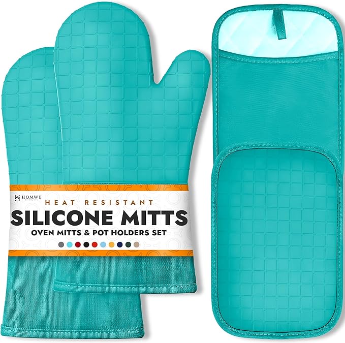 BPA-Free Soft Silicone 4 Piece Oven Mitts & Pot Holders Set - Ultra Heat Resistant Oven Mitts with Thick Cotton Liner - Long Slip Resistant Pot Holders, Flexible Oven Gloves - Aqua