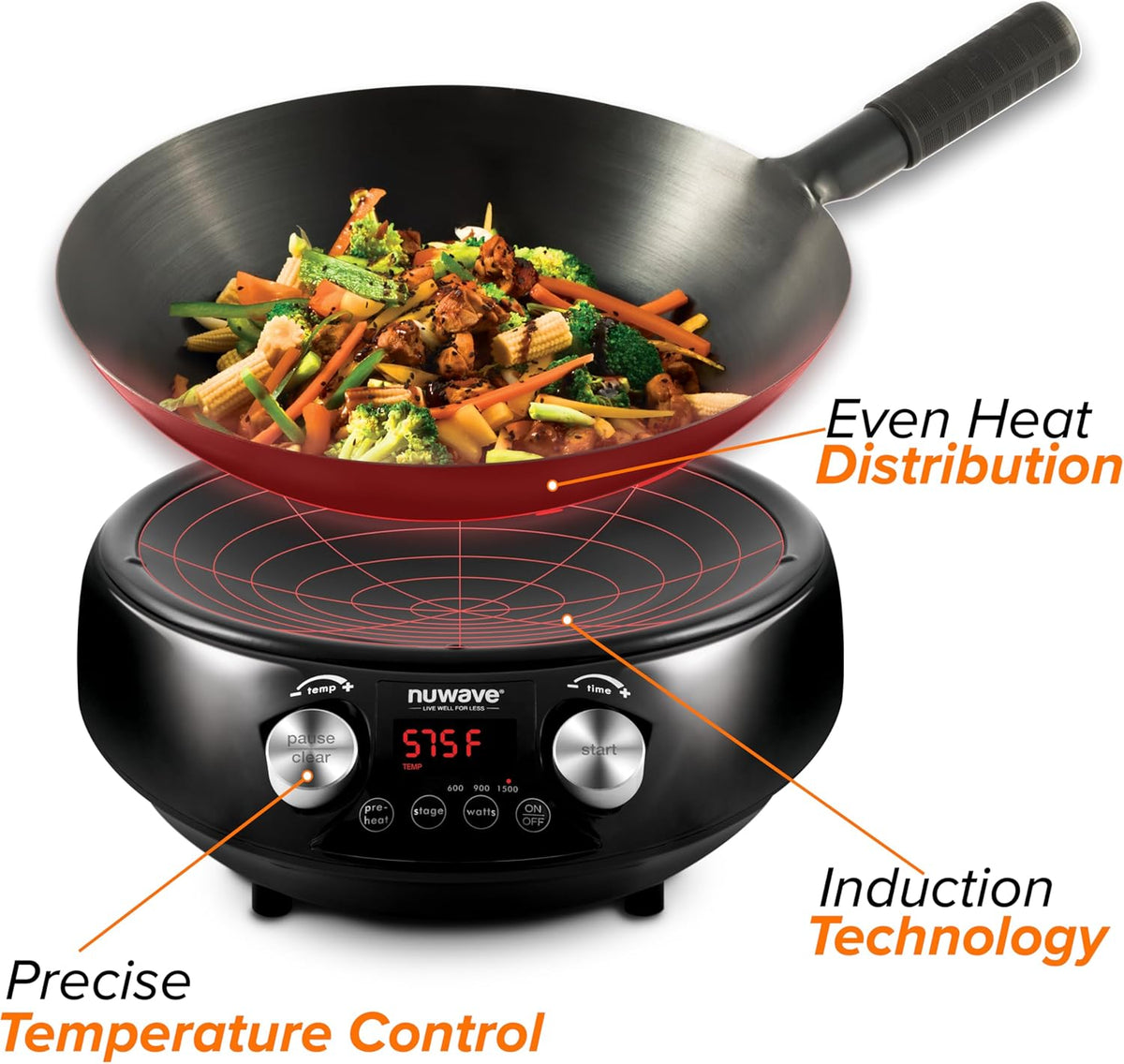 Nuwave Mosaic Induction Wok, Precise Temp Controls from 100°F to 575°F in 5°F, Wok Hei, Infuse Complex Charred Aroma & Flavor, 3 Watts 600,900 & 1500, Authentic 14-inch Carbon Steel Wok Included,Black