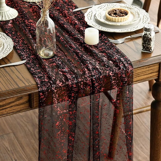 Artoid Mode 6PCS Black Red Gold Gauze Table Runner 120 Inch 10FT, Glitter Metallic Foil Sheer Dining Wedding Anniversary Holiday Table Decor for Home Party