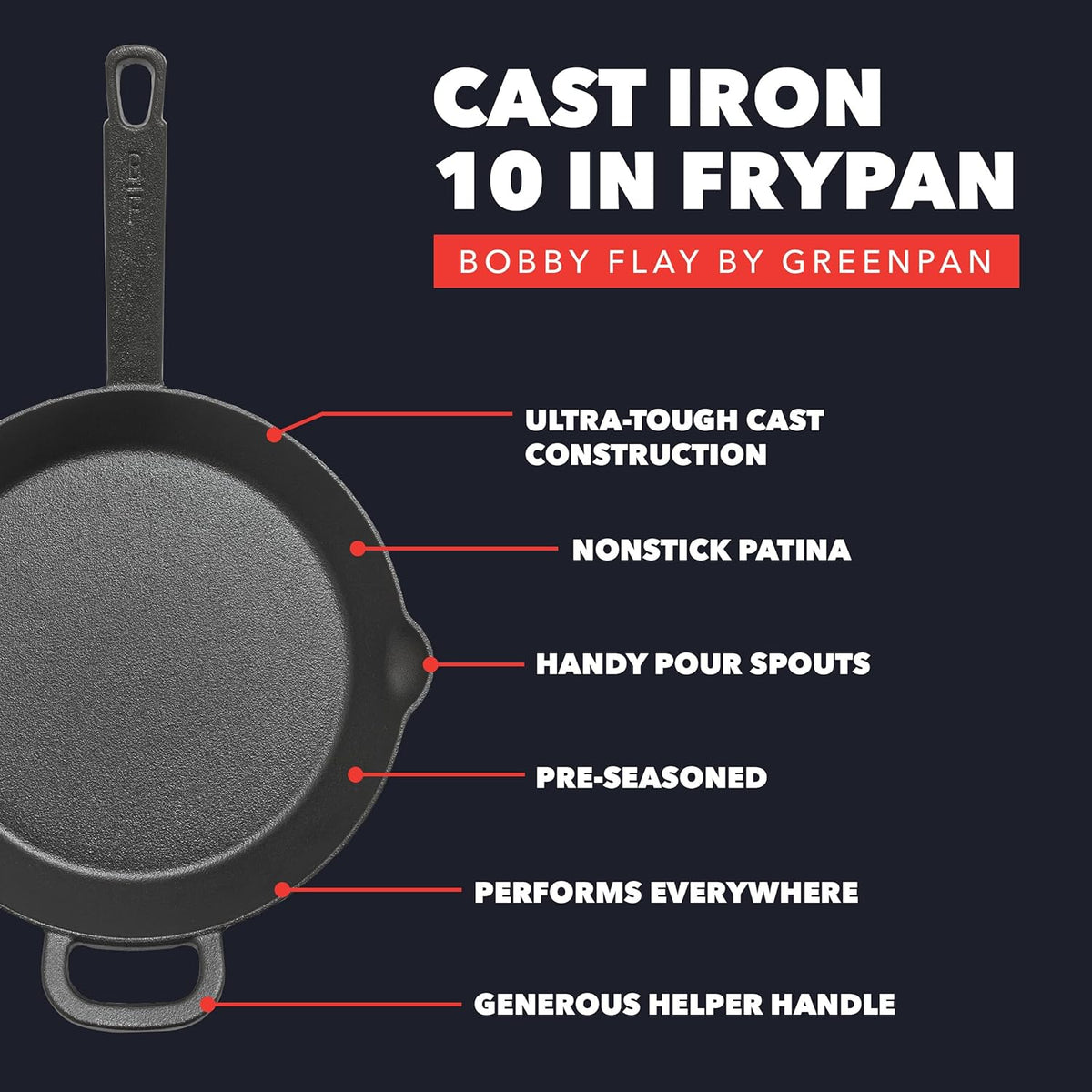 GreenPan x Bobby Flay 10” Cast Iron Pre-Seasoned Skillet with Helper Handle, Professional Grade Heavy Duty, Induction, Pour Spouts, Versatile Stovetop, Oven, BBQ Grill Fire, Indoor/Outdoor Use, Black