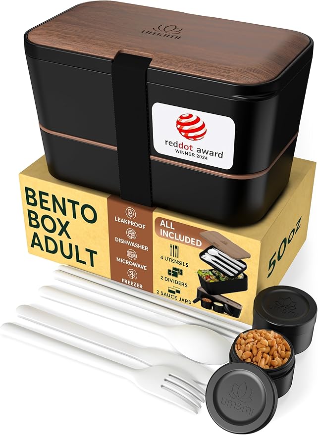 Umami Premium Lunch Box Containers w/ 4 Utensils, 2 Sauce Jars, Nestable Space-Saving Bento Box Adult, 100% Leakproof, Microwavable Lunch Containers for Adults, Walnut Black, 50 oz