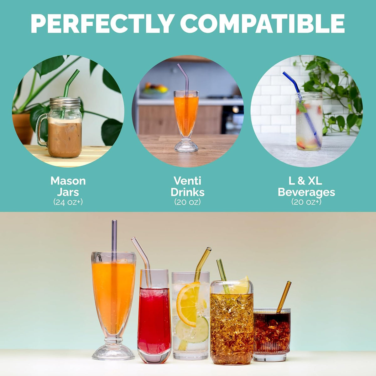 Simply Straws 10 Inch Glass Straws Bent (6-Pack) – Reusable Glass Straws for 24 Oz Mason Jars & Tumblers, with Cleaning Brush – Durable, Dishwasher Safe, Hot & Cold Use, BPA-Free (Seaglass)