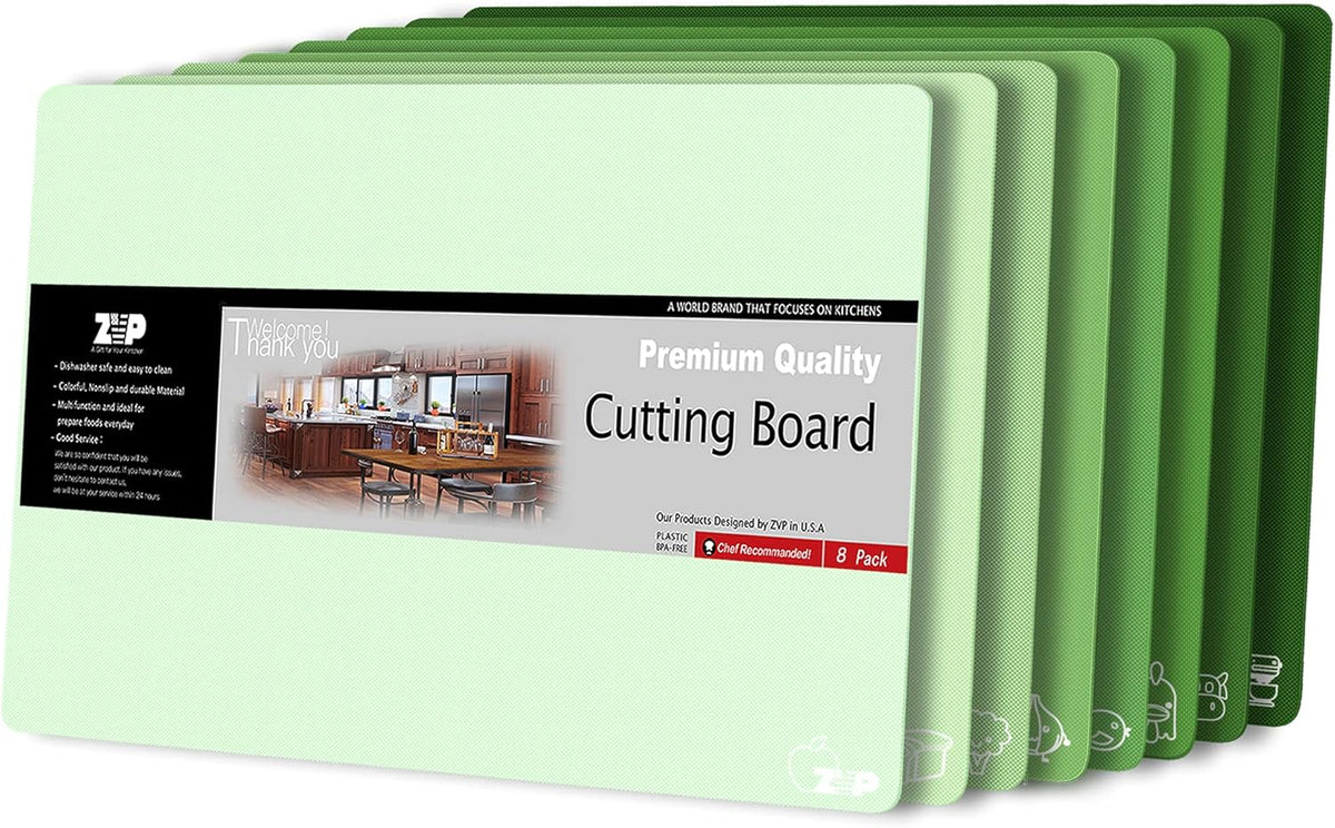 ZVP Plastic Cutting Boards for Kitchen, Flexible Cutting Mats, Gradient Green Chopping Boards with Food Icon, Non-Slip, Non Porous, BPA Free, Dishwasher Safe