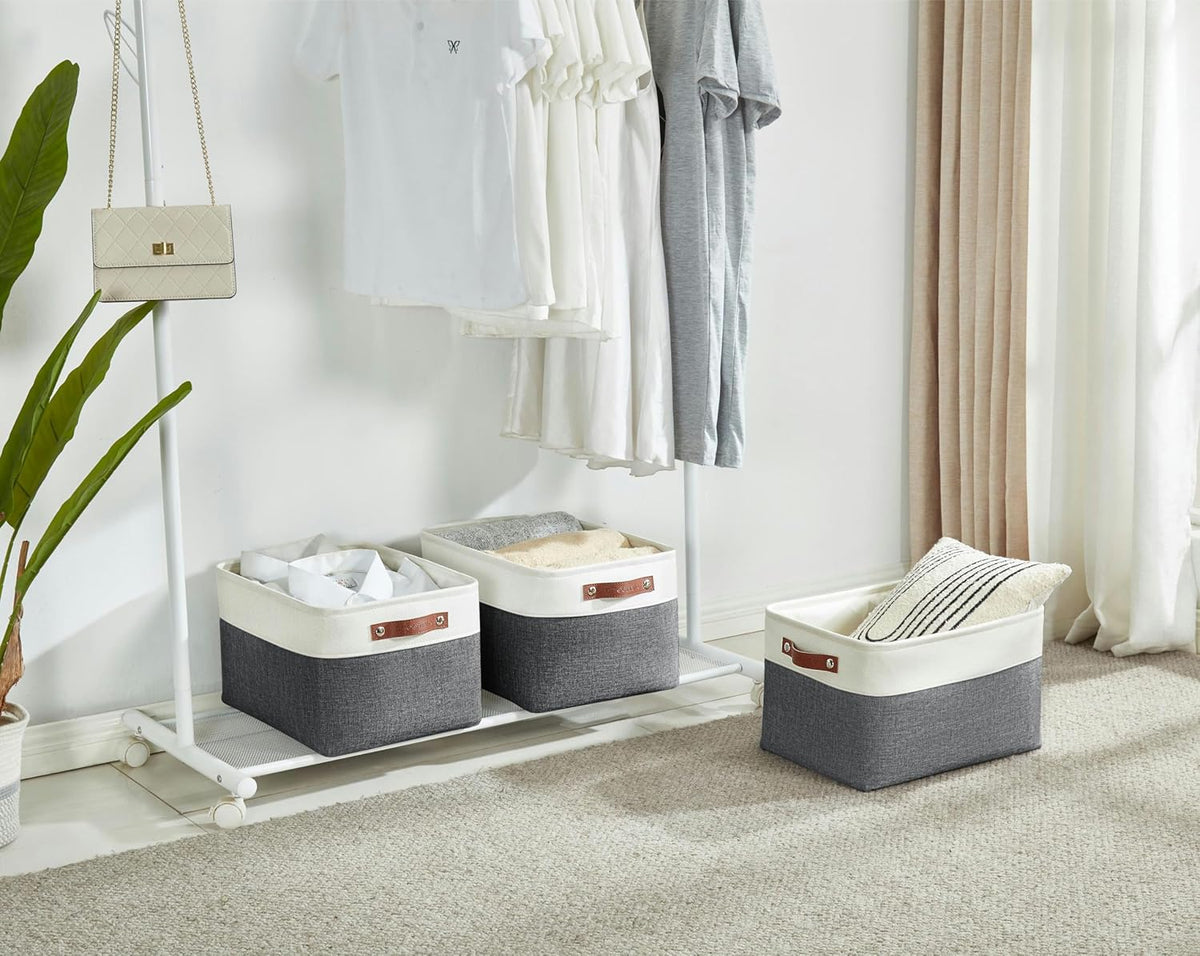 DECOMOMO Storage Baskets for Shelves - Fabric Storage Bins, Linen Closet Organizers and Storage (Slate Grey & White, Large - 3 Pack)