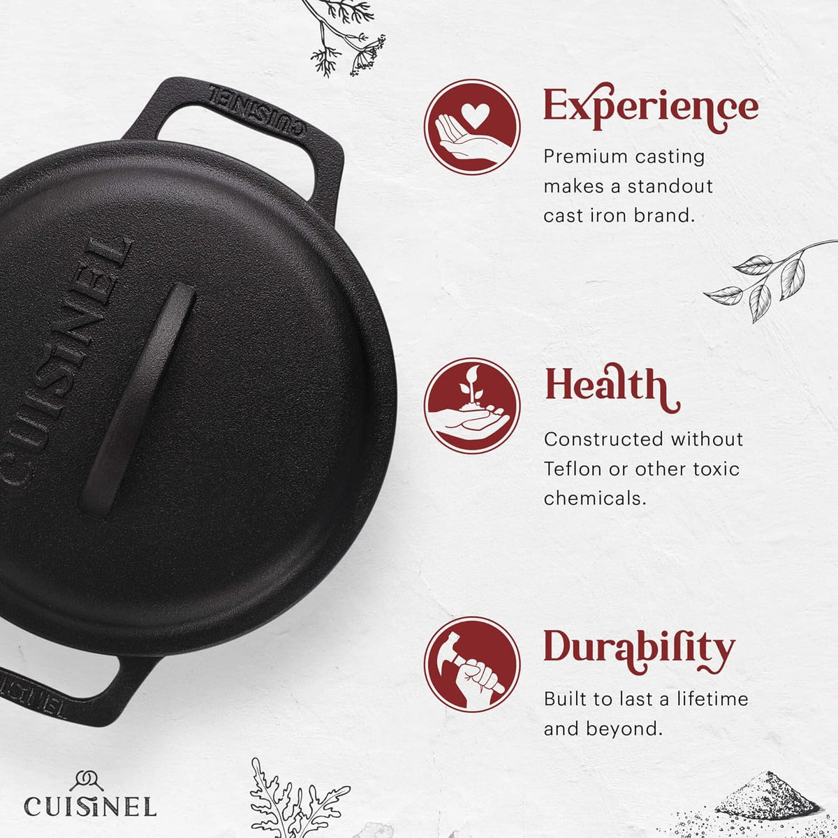 Cuisinel Cast Iron Dutch Oven - 3-Quart Deep Pot + Lid + Pan Scraper + Handle Covers - Large Pre-Seasoned Cooker for Baking Bread, Soup, Frying - Indoor/Outdoor Kitchen, Camping, Fire, BBQ Cookware