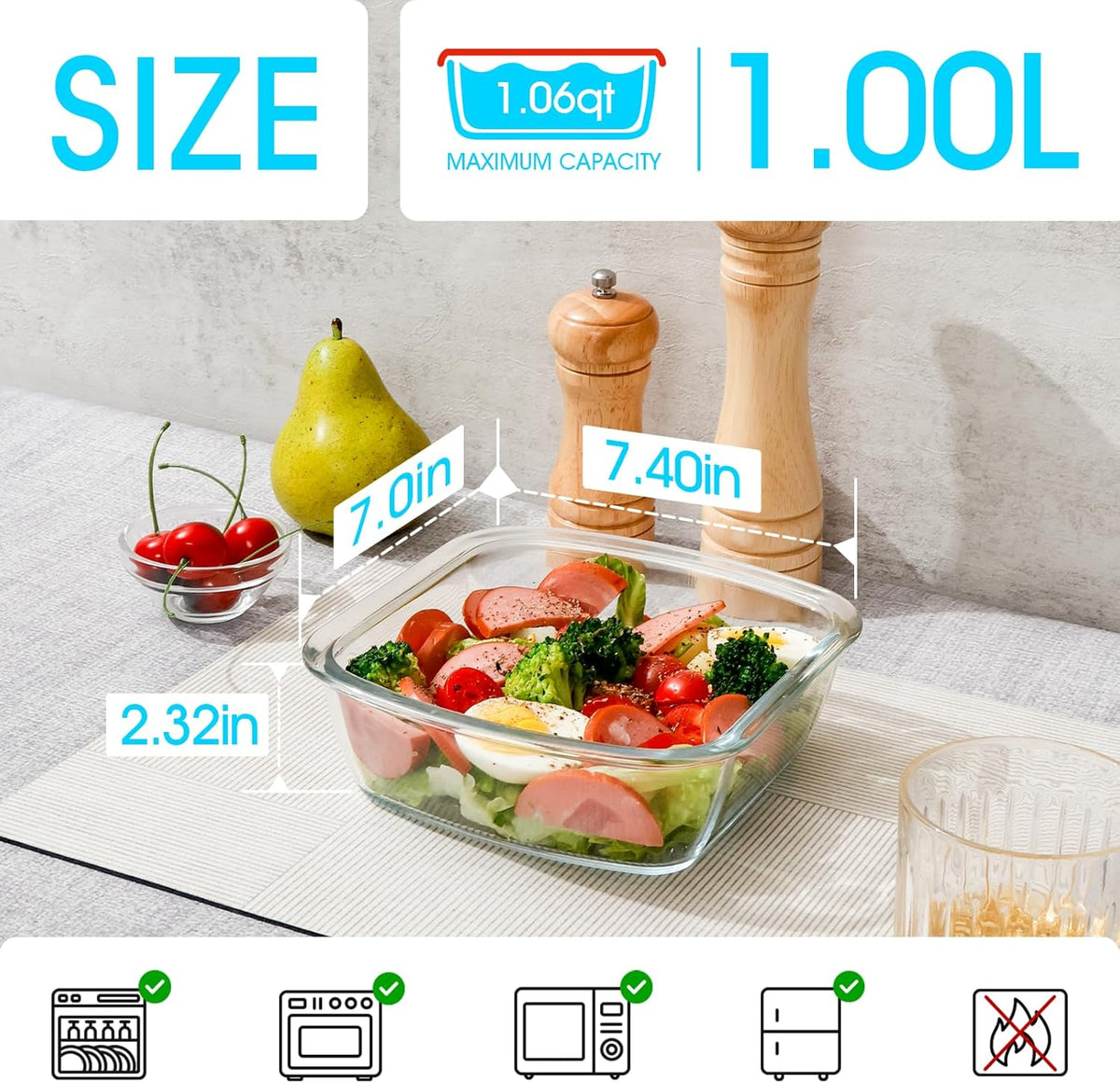 NUTRIUPS 7 x 7 Square Glass Baking Dish with Lid, Small Tempered Glass Pan for One Serving, Food Bakeware for Oven (Clear, 1.0L)