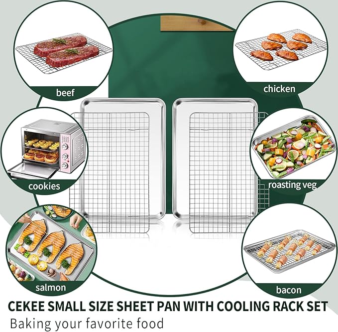 CEKEE 4 PCs Small Baking Sheet With Wire Rack Set [2 Pans + 2 Cooling Racks], 10 Inch Stainless Steel Tray - Rust & Warp Resistant, Easy Clean