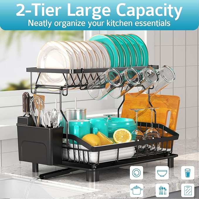 Dish Drying Rack - 2 Tier Large Capacity Dish Rack- Dish Racks for Kitchen Counter with Drainboard, Rustproof Dish Drainer with Removable Utensil Holder,Cutting Board Holder,Cup Holder, Black