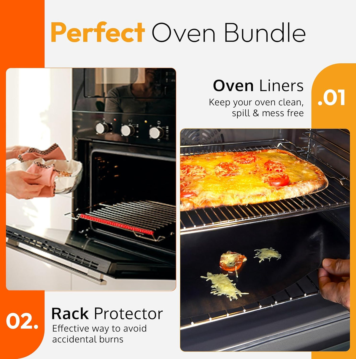 Oven Liners for Bottom of Oven Black (2-pack) Bundled with Rack Shield (2-pack) - Large Mat for Bottom of Range (17"x 25") and 14" Orange Stove Guards for Racks - Reusable & Heat Resistant