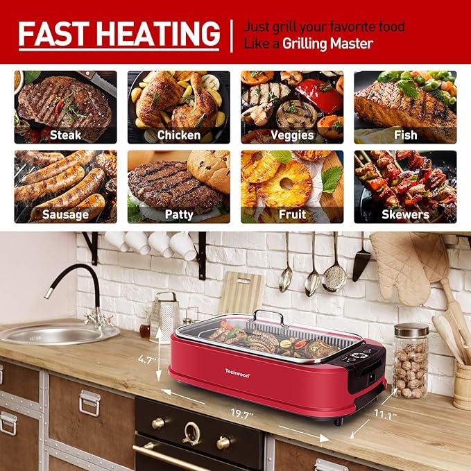Smokeless Indoor Grill, Techwood 1500W Electric Grill Portable Korean Grill Non-Stick Grill Plates with Temperature Control, Removable Drip Tray, Tempered Glass Lid, Dishwasher-Safe