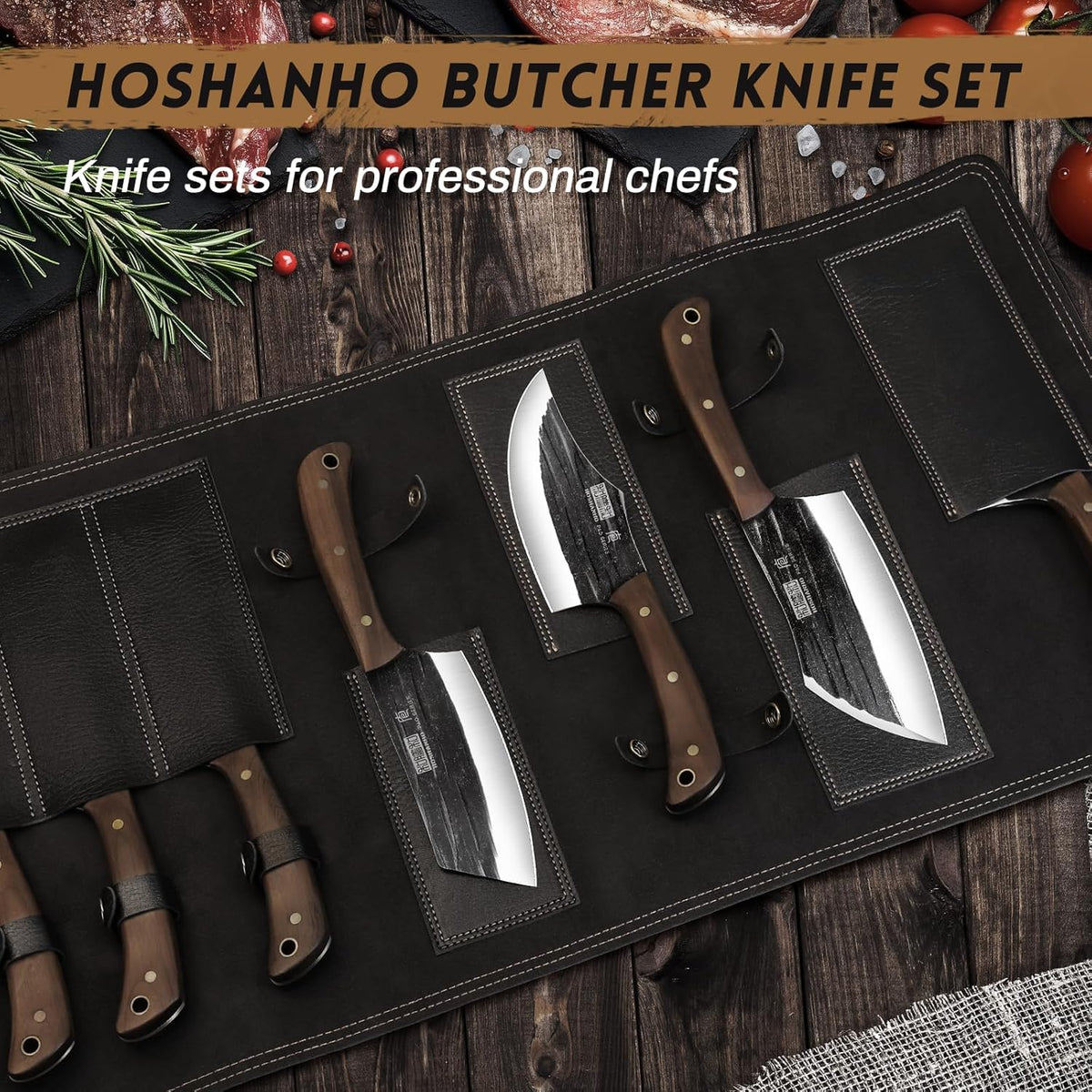 HOSHANHO Butcher Knife Set, Hand Forged Butcher Chef Knife Set with Roll Bag, Sharp Meat Cleaver Knife & Bone Chopper Knives & Fillet Knives for Home & Camping & BBQ Gift for Men