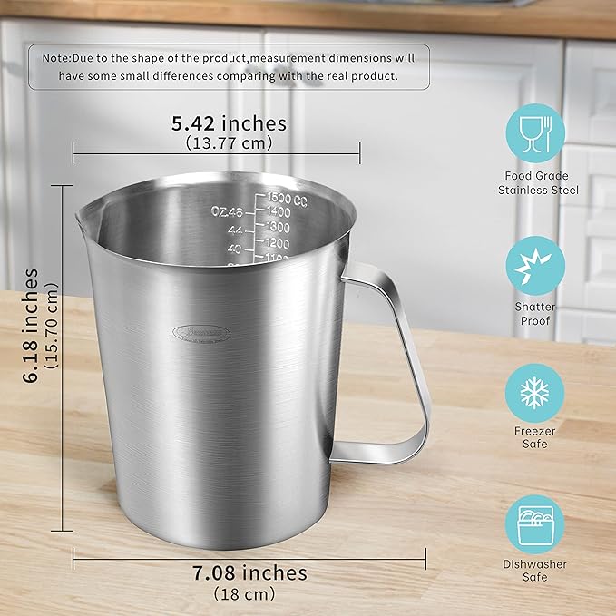 Measuring Cup, [Upgraded, 3 Measurement Scales, Including Cup Scale, ML Scale, Ounce Scale], Newness Stainless Steel Measuring Cup with Marking with Handle, 48 Ounces (1.5 Liter, 6 Cup)