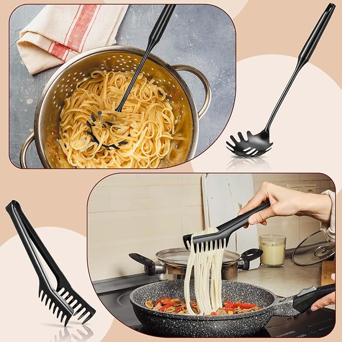 Patelai 2 Pcs Stainless Steel Pasta Spoon with Teeth Large Spaghetti Utensil, 9.4'' Tong and 13.6'' Pasta Fork with Vacuum Handle, Comfortable Grip Design Spoons for Kitchen(Black)