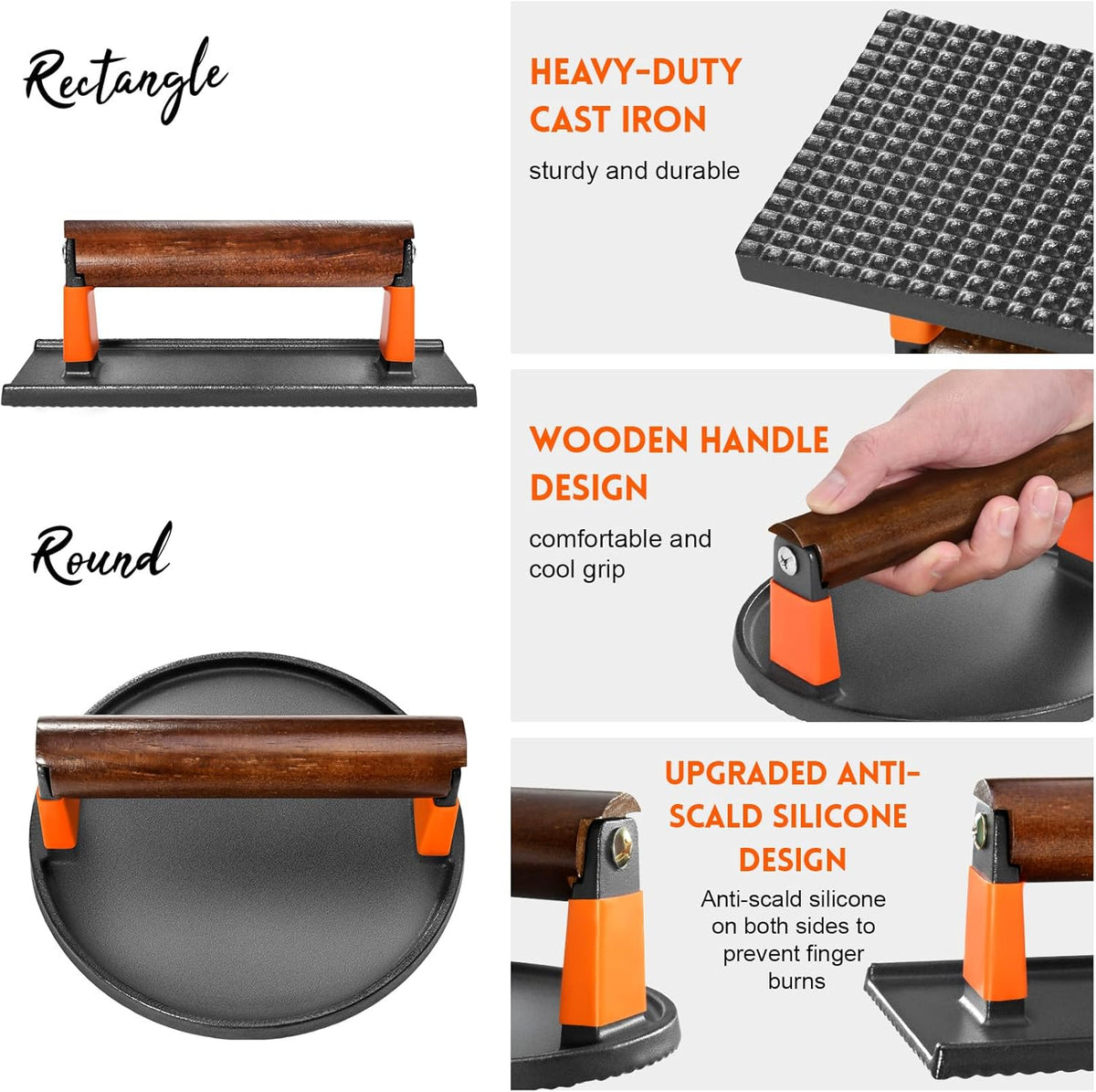 GGC Cast Iron Burger Press Kit, 7" Round and 8"x4" Rectangle Smash Burger Press Set for Grill and Griddle Cooking, 2PCS Meat Press with Wooden Handle for Bacon, Hamburgers, Eggs, Sandwiches
