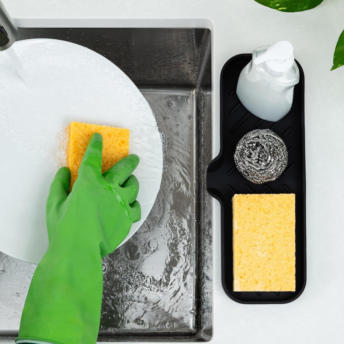 Zulay Kitchen Large Silicone Sponge Holder (12x4) – Flexible Sink Organizer Tray for Kitchen & Bathroom – Multipurpose Soap Dish for Sponges, Makeup, Trinkets & More (Black)