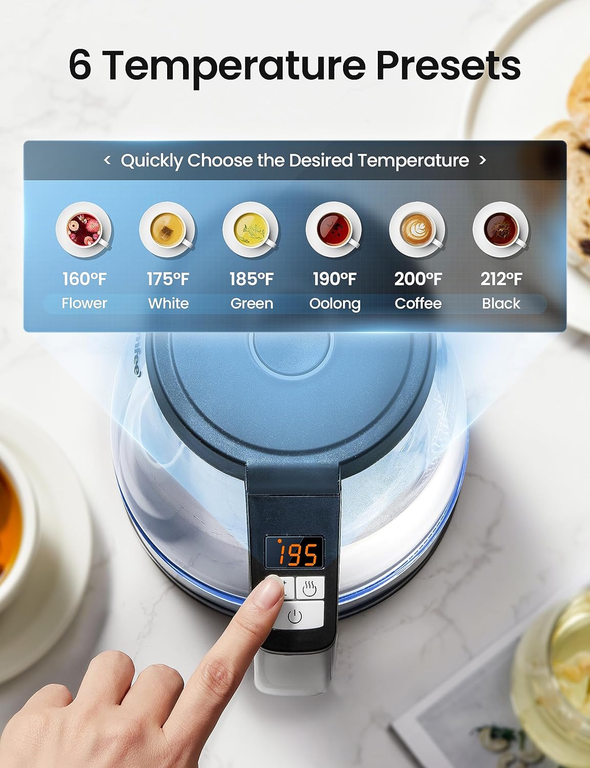 COMFEE' 1.7L Glass Tea Kettle and Kettle Water Boiler - Electric Kettle Temperature Control with 6 Presets, 2-Hr Keep Warm, Fast Heating, 304 Stainless Steel, Auto-Off and Boil-Dry Protection