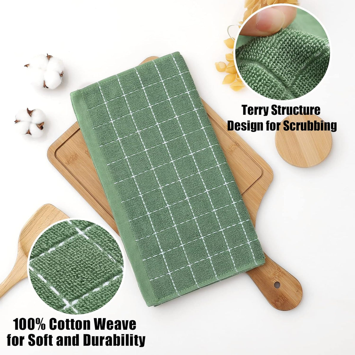 Homaxy 100% Cotton Terry Kitchen Dish Cloths, Ultra Soft and Absorbent Dish Towels for Kitchen, Suitable for Drying and Washing Dishes, 6 Pack, 12 x 12 Inches, Grass Green