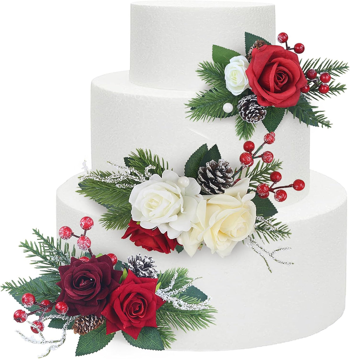 Rinlong 3Pcs Pre-made Cake Topper Cake Decorating Flowers for Christmas Cake Decor Burgundy Xmas Cake Decorations for Wedding Baptism