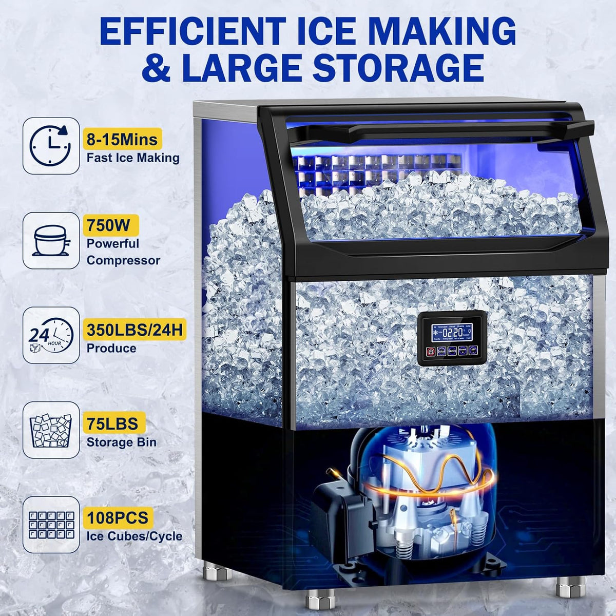 Commercial Ice Maker Machine, 350Lbs/24H with 75Lbs Storage Bin, 108Pcs Ice Cubes 8Mins, Freestanding Large Ice Machine with Water Filter and Ice Scoop for Home Bar Office Restaurant