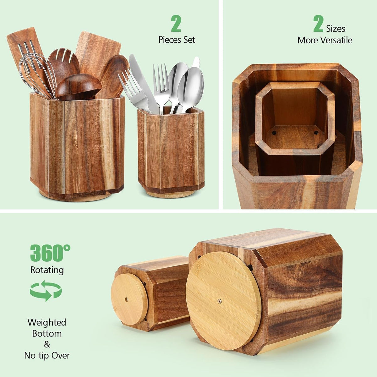 2 Pack Wooden Utensil Holder, 360°Rotating Kitchen Cooking Utensil Crock, Spoon Spatula Holder for Kitchen Counter, Farmhouse Countertop Organizer(Acacia,Square)