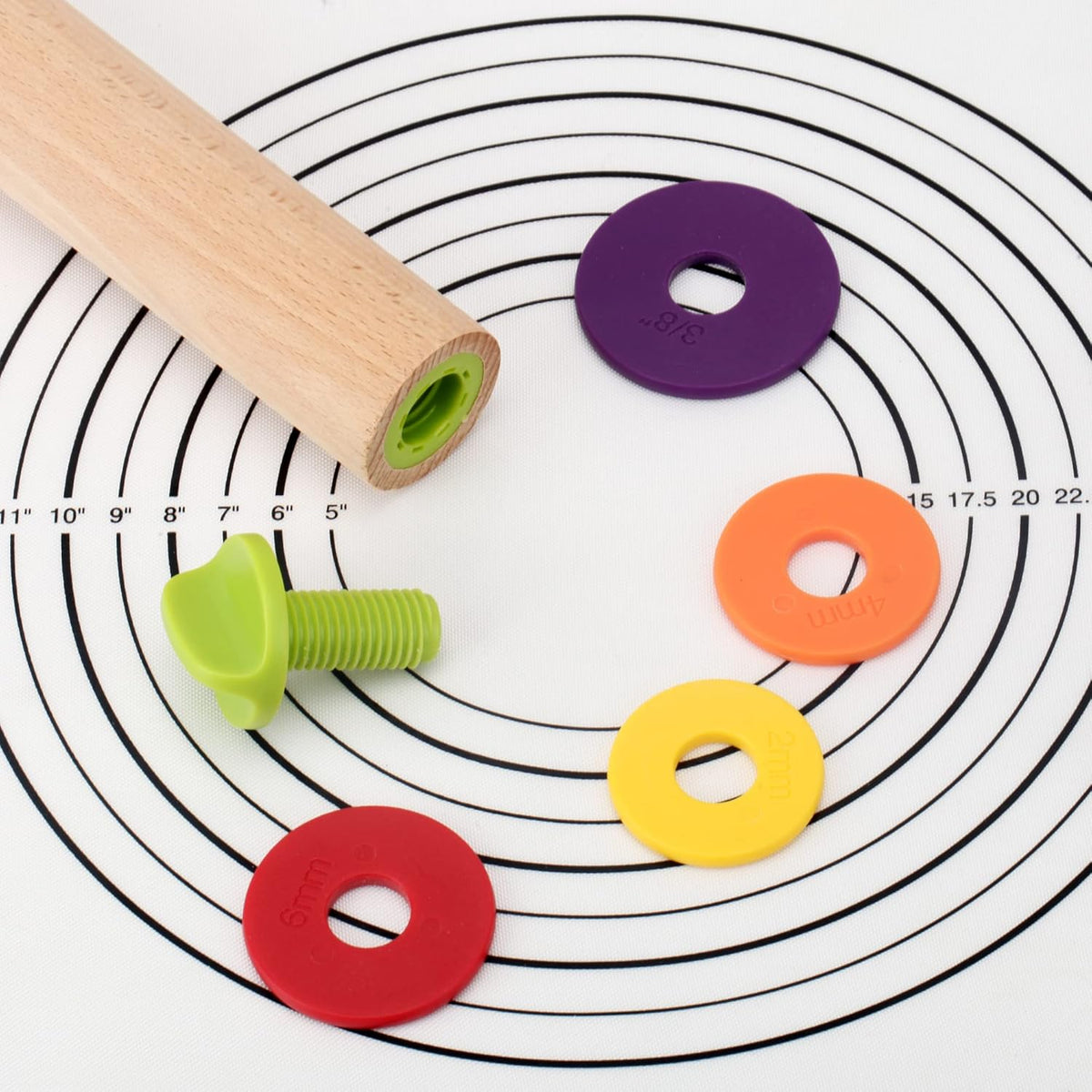 Rolling Pin with Thickness Rings and Pastry Baking Mat, 13.6" Adjustable Wooden Rolling Pin Dough Roller for Baking Cookie Pizza, Comes with Large Silicone Pastry Mat and Wooden Stand