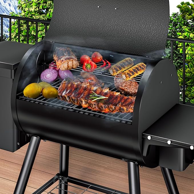 KingChii Electric Wood Pellet Grill & Smoker with Side Shelf, 456 SQ.IN Grill Capacity, with PID Temperature Control (180-425°F) for Backyard Camping Bake and Roast, Black with Cover