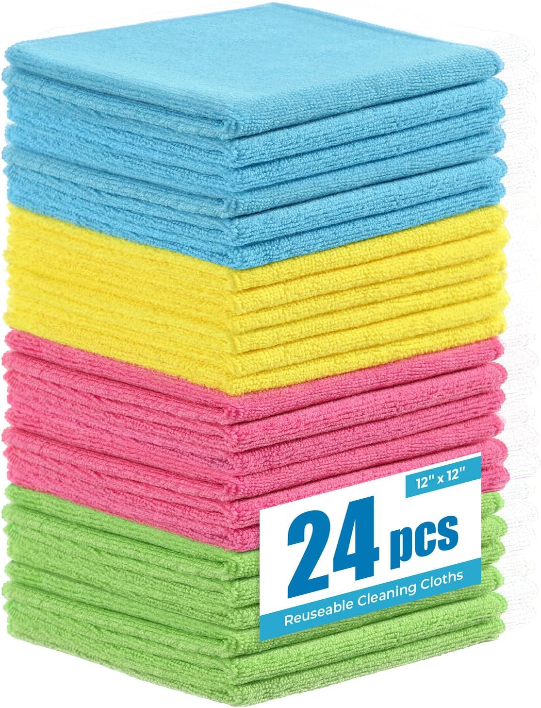 24Pack Microfiber Cleaning Cloths 12”x12” - Extra Thick Kitchen Towels - Streak-Free, Lint-Free, Fast Absorbent - Reusable Multi-Purpose Housekeeping Rags for Cars, Dishes, Floors, Tiles
