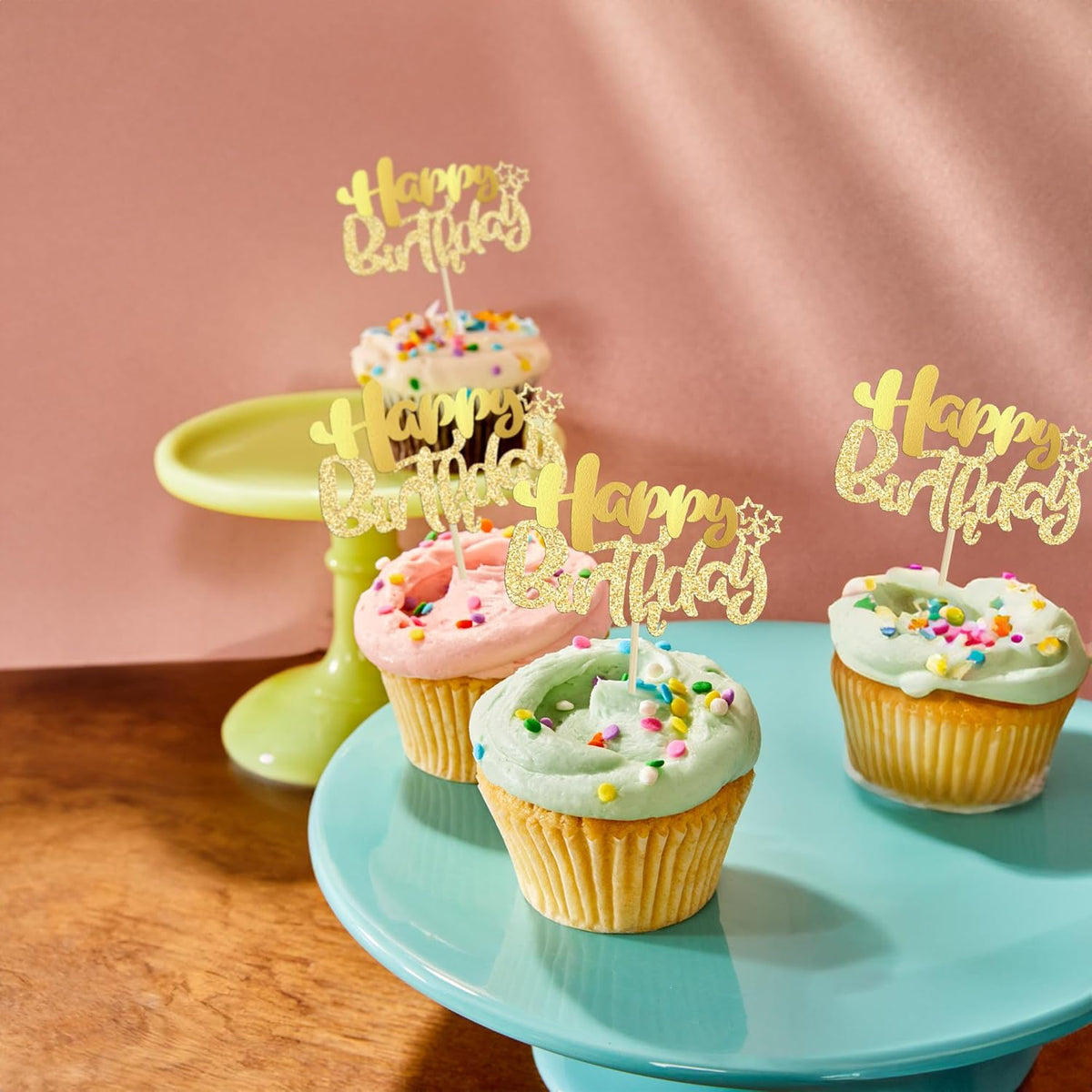 Ephlyn 24Pcs Gold Metallic Happy Birthday Cupcake Toppers for Birthday, Baby Shower & Anniversary Parties