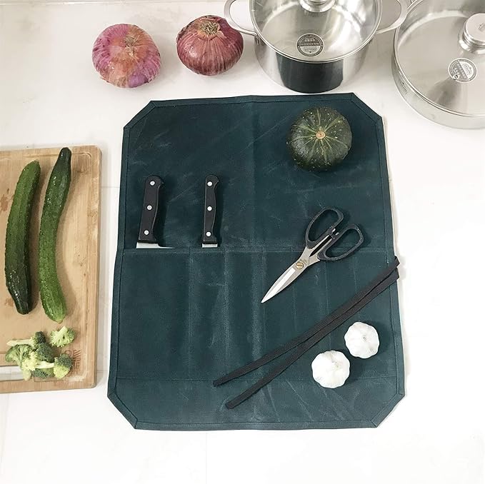 Denifiter Heavy Duty Waxed Canvas Chef Knife Storage Roll Bag With 7 Slots, Waterproof And Durable (Dark Green)