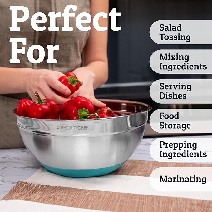 Priority Chef 6Pc Large Mixing Bowls With Lids Set with Non-Slip Bases, Stainless Steel Mixing Bowl Set, 6 Airtight Lids and 3 Graters, Turquoise