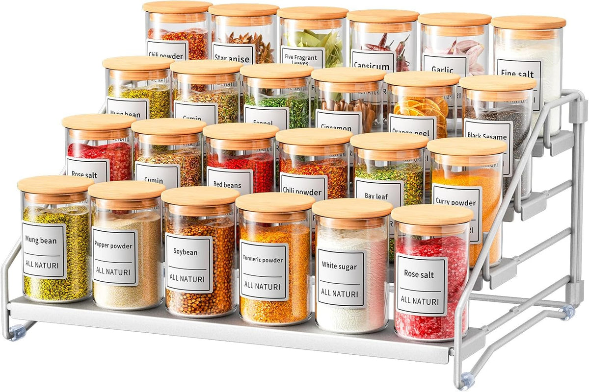 RCHYFEED 4 Tier Spice Rack Organizer, Spice Organization for Cabinet,Pantry, Countertop,Tiered Spice Rack Easy Visibility,Depth Expandable Seasoning Shelf for Kitchen Cabinet Organizer,Silver
