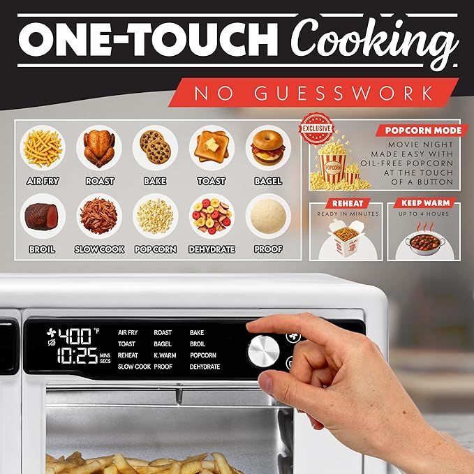 Gourmia French Door Air Fryer Oven - 37 Qt Large Capacity Convection Toaster Oven, FryForce 360°, Digital Display, 12 Cooking Presets, Dehydrate, Fits 13” Pizza, Dishwasher-Safe, White