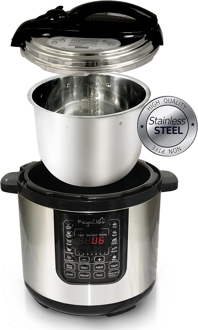 Megachef MCPR120A 8 Quart Digital Pressure Cooker with 13 Pre-set Multi Function Features, Stainless Steel