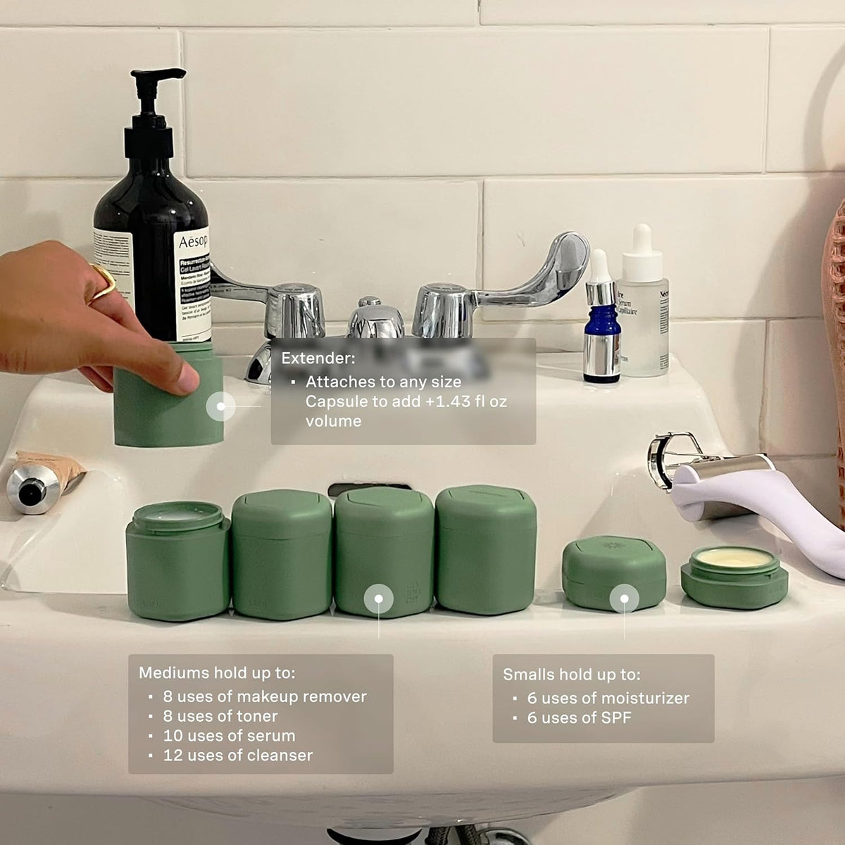 Cadence Travel Containers - Full Skincare Set - Magnetic Containers with Lids,Carry On Travel Essentials For Women/Men - 2 Small (0.56oz), 4 Medium Capsules (1.32oz), & Extender (1.43oz) - Eucalyptus