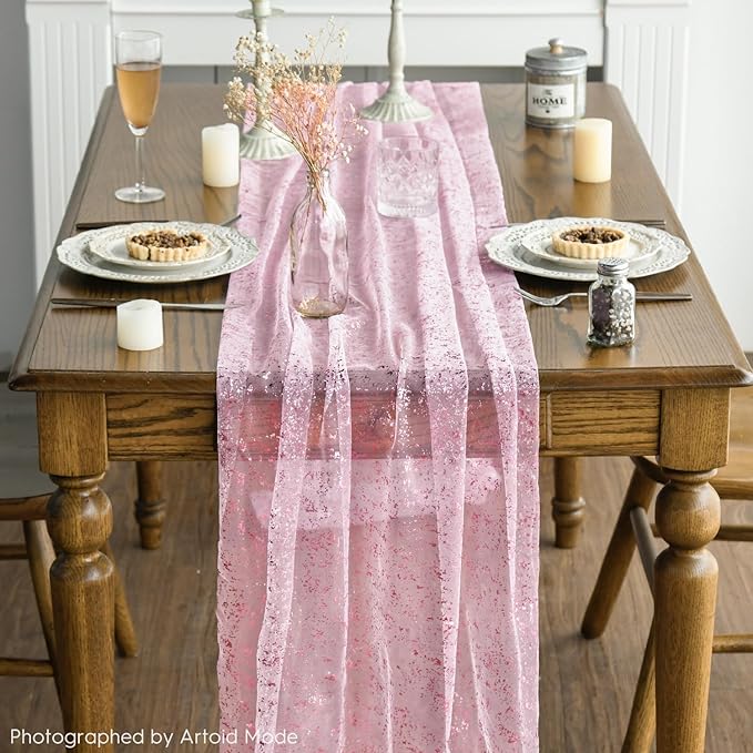 Artoid Mode Pink Gold Gauze Table Runner 120 Inch 10FT, Glitter Metallic Foil Sheer Dining Wedding Anniversary Holiday Table Decor for Home Party