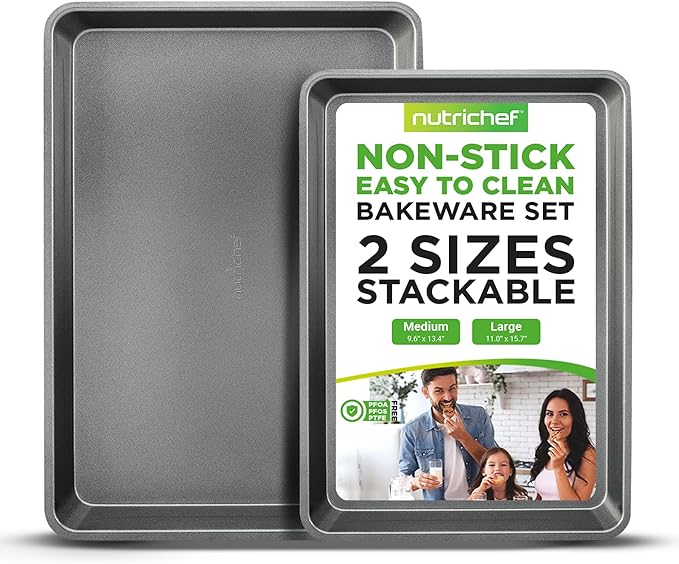 NutriChef 2-Piece Nonstick Cookie Sheet Baking Pan Set - Premium Bake Trays w/ Sleek Non-Stick Coating PFOA, PFOS, & PTFE Free - Large (15"x11") & Medium (13"x9") - Dishwasher Safe
