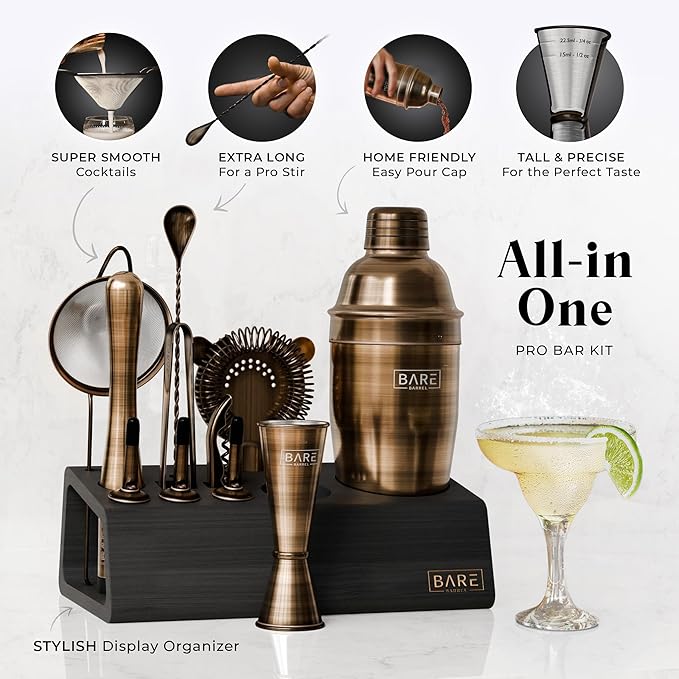 BARE BARREL® Mixology Bartender Kit Bar Set | 14-Piece Cocktail Shaker Set | Martini Barware Mixing Tools for Home Bartending | Incl. 35 Recipe Cards | Gift Set (24oz Cobbler Shaker, Brass/Black)