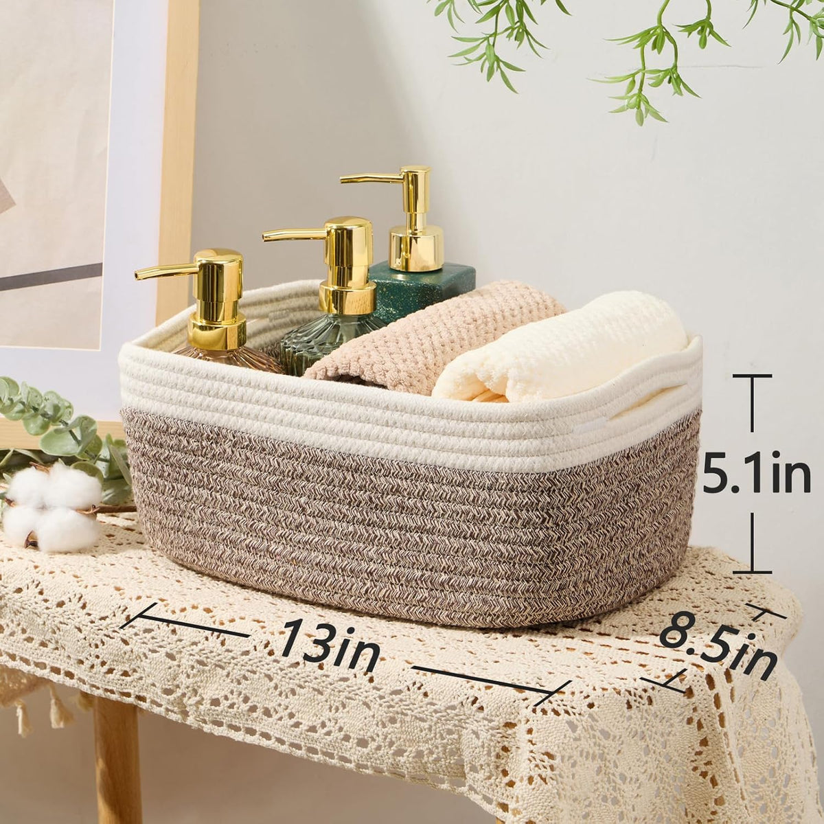 Small Storage Baskets for Organizing | Closet Organizer Bins | Shelf Toy Basket | Woven Rope Baskets | Cube Decorative Box | Shallow Basket | 13x8.5x5.1” | 3 Packs White Brown