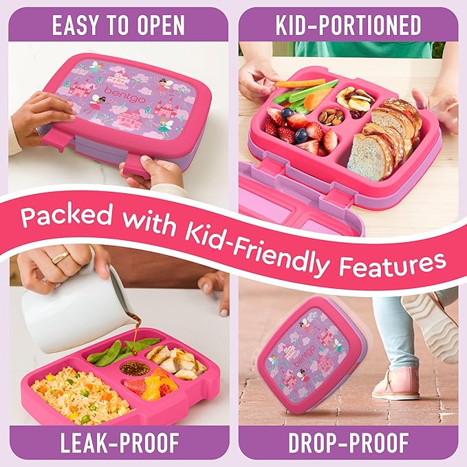 Bentgo Kids Prints Leak-Proof, 5-Compartment Bento-Style Kids Lunch Box - Ideal Portion Sizes for Ages 3-7, Durable, Drop-Proof, Dishwasher Safe, & PFAS & BPA-Free Materials (Fairies)