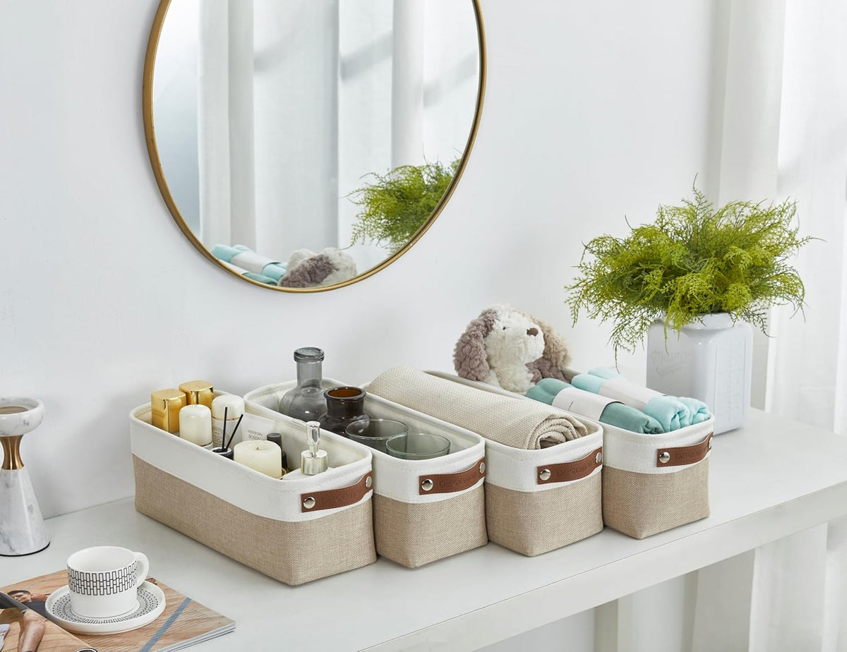 DECOMOMO Narrow Storage Bins Small Baskets for Organizing Bathroom, Toilet Tank, Towel Storage, Entryway, Gifts (Beige and White - Set of 4)