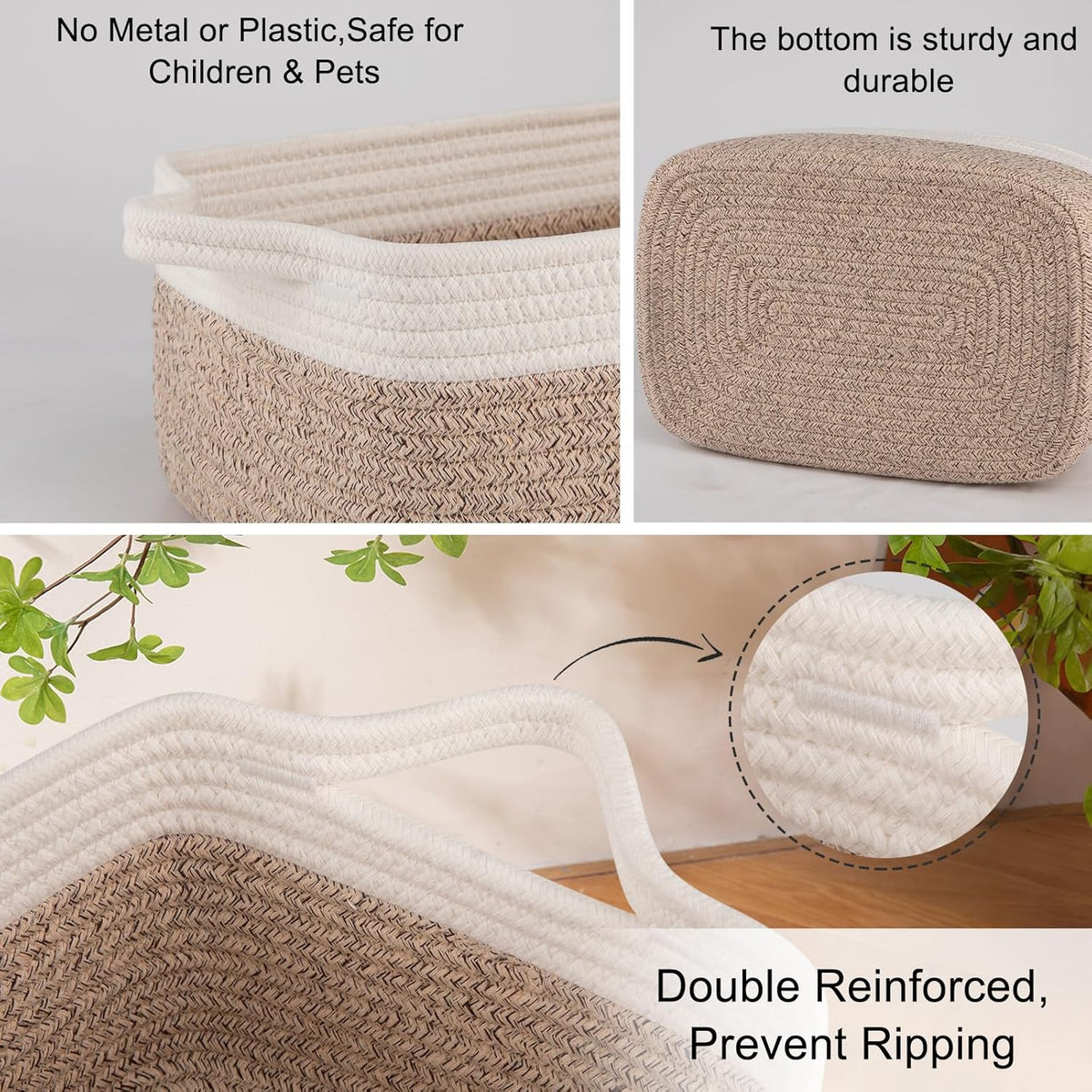 OIAHOMY 3 Pack Storage Baskets for Organizing, Woven Cotton Rope Basket for Shelves, Closet Organizer Bins with Handles, Rectangle Toy Organization, 13.78''×9.84''×5.5'', Brown & White