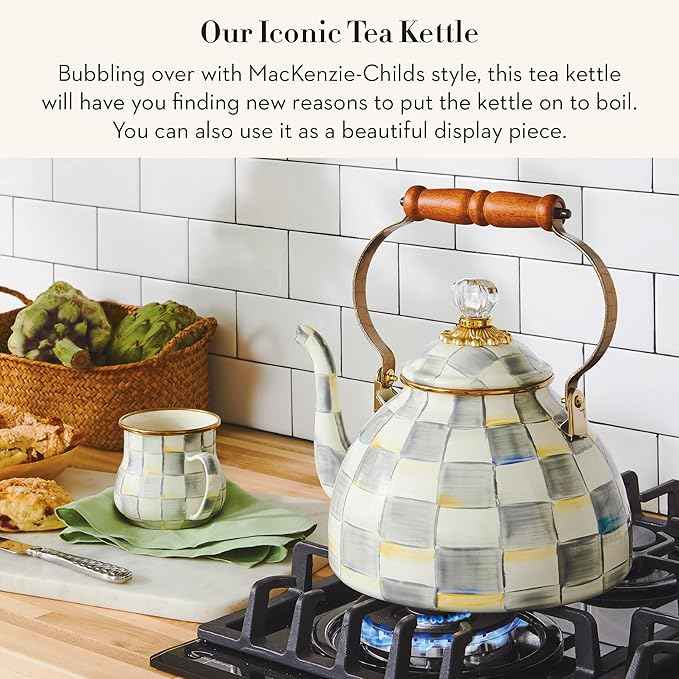 MACKENZIE-CHILDS Enamel Tea Kettle, Stylish Tea Kettle for Stovetop, Grey-and-White Sterling Check, 3 Quarts