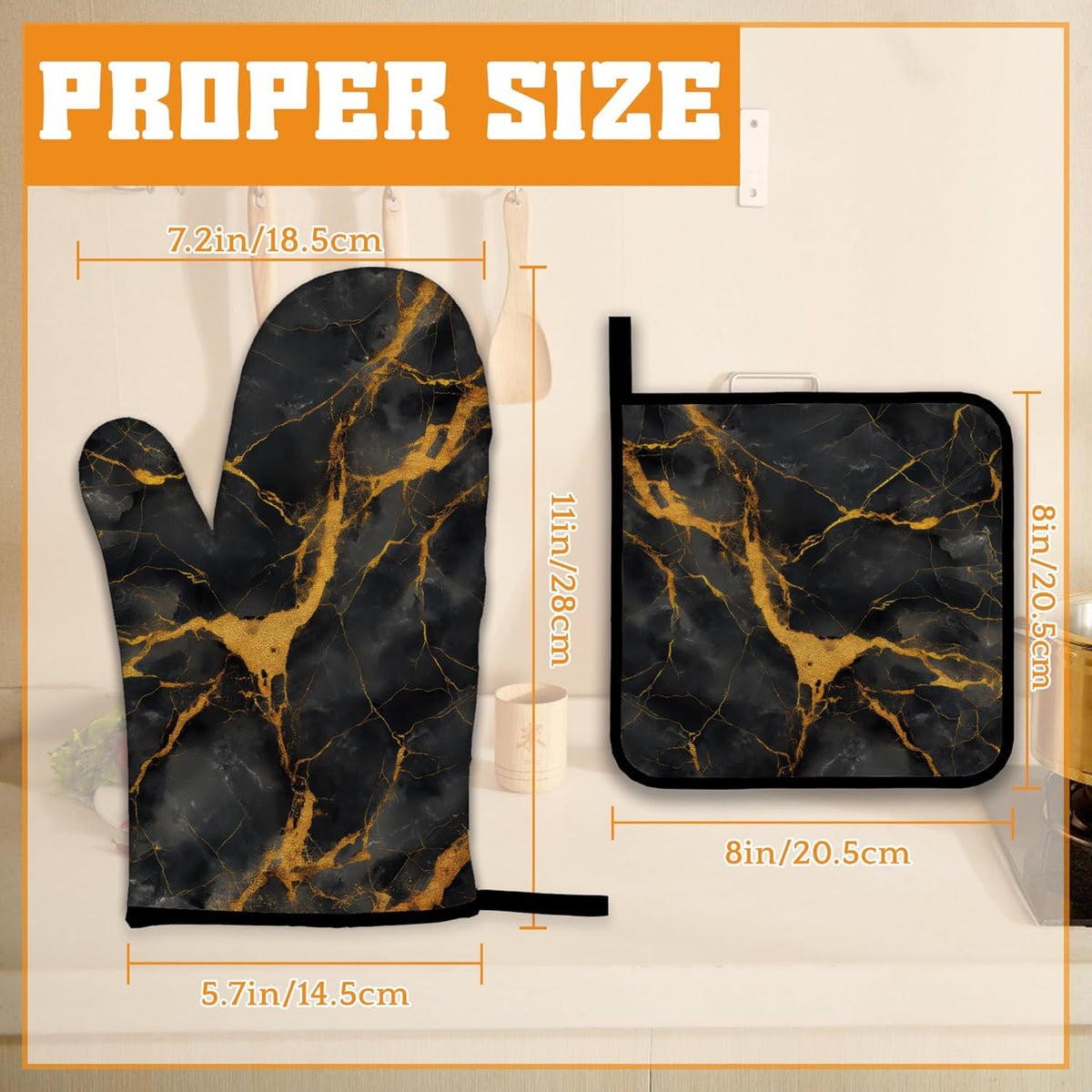 Marble Oven Mitts and Pot Holders Set,Black Gold Marble Kitchen Decor Heat Resistant Non Slip Hot Pads and Oven Mitt for Chef Cooking Baking BBQ Mom Girl Gifts(4 Piece Set)