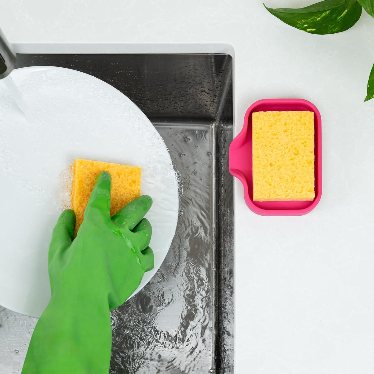 Zulay Kitchen Small Silicone Sponge Holder (4.9x3.3”) – Space-Saving Sink Organizer Tray for Sponge, Soap, Brush & More – Compact Non-Slip Dish for Kitchen & Bathroom (Honeysuckle)