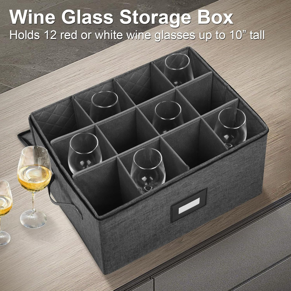 Stemware Storage Containers, Wine Glass Storage Box with Dividers for Glasses, Glassware, Crystal, Wine Glass Packing Boxes for Moving, Hard Shell Top Sides Bottom and Stackable (Black)