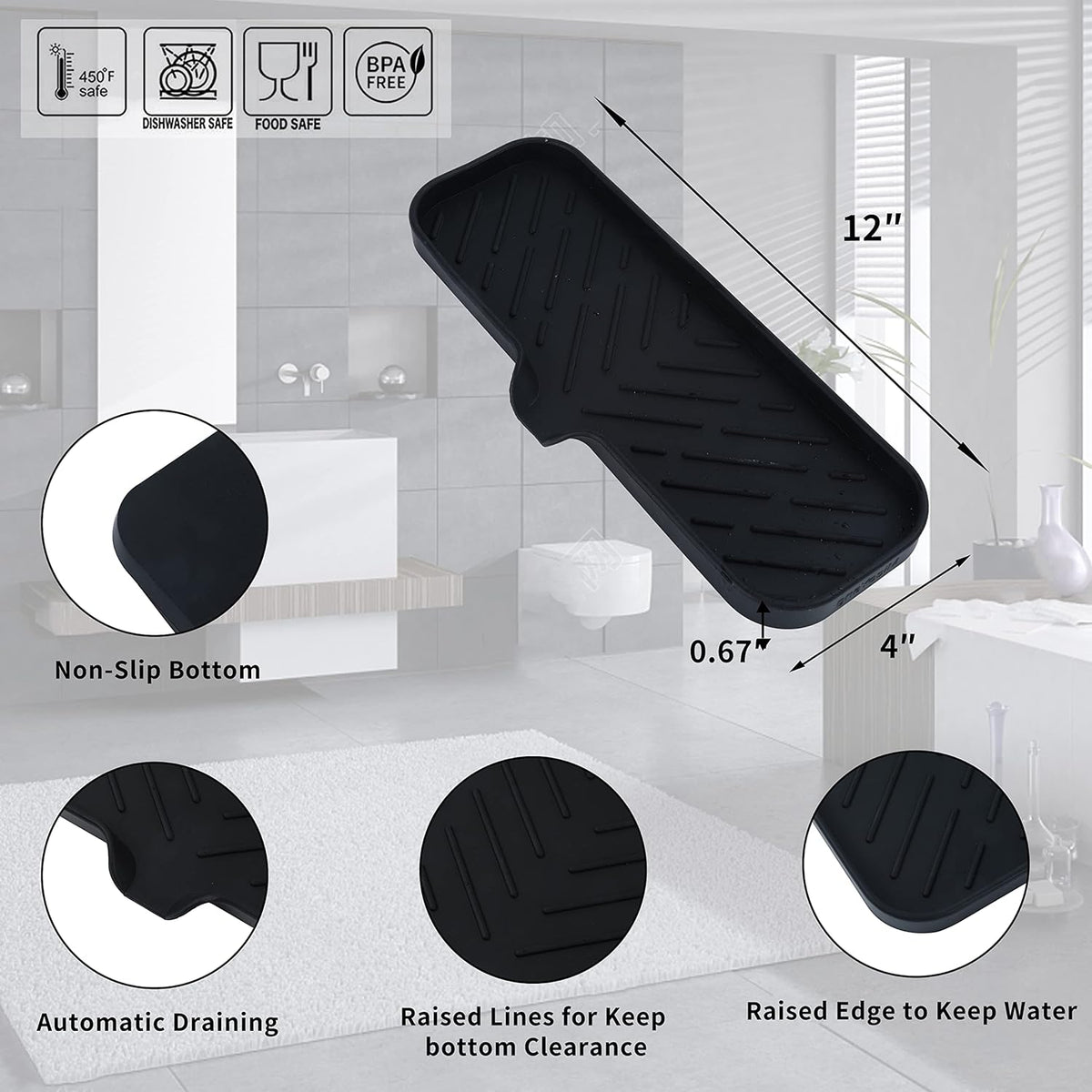 Silicone Bathroom Soap Dishes with Drain Spout-Bathroom and Kitchen Sink Organizer,Sponge Holder,Dish Soap Tray,Perfect for Dispenser,Scrubber,Bottle,Cup on Sink or Counter-Black 12"×4"