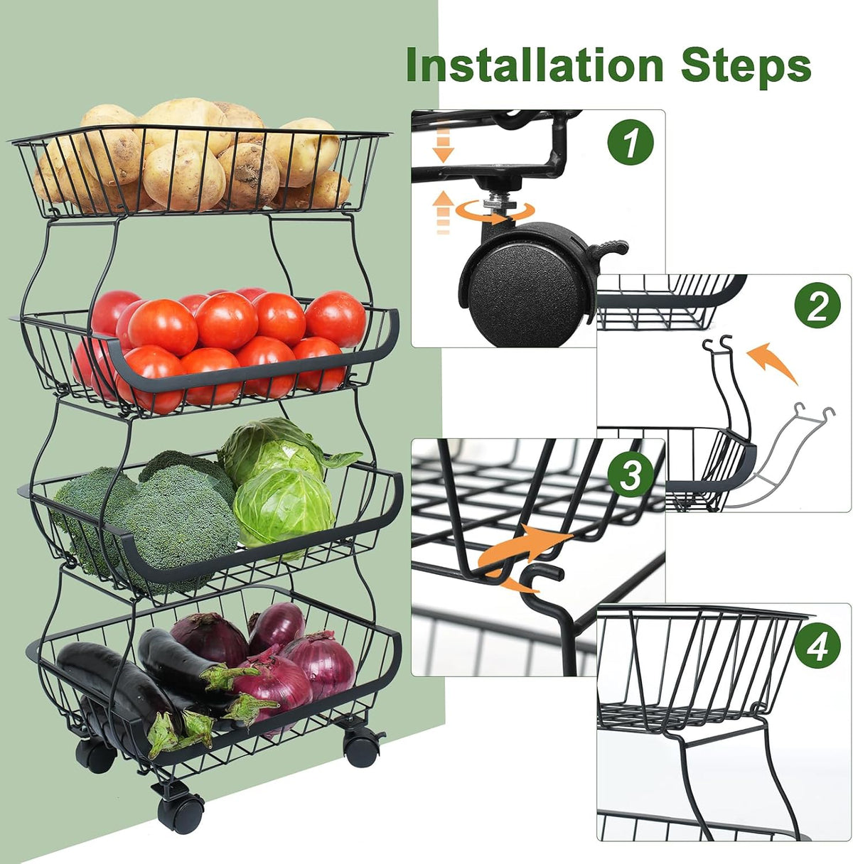 Fruit Vegetable Storage Basket, Kitchen Fruit Vegetable Storage Cart, 4 Tier Stackable Metal Wire Storage Baskets with Wheels, Produce Basket Organizer Bins for Pantry, Bathroom, Black