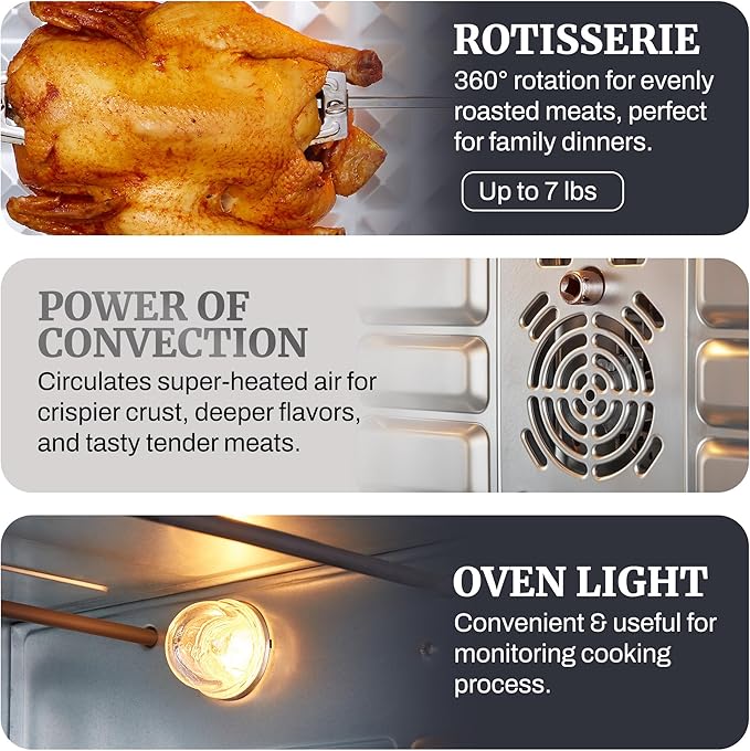 Elite Gourmet ETO4524 45L Countertop Convection Toaster Oven, French Doors, Adjustable Temperature & Timer, Bake, Roast, Broil, Toast, Includes Baking Pan, Rack, Rotisserie, Stainless Steel
