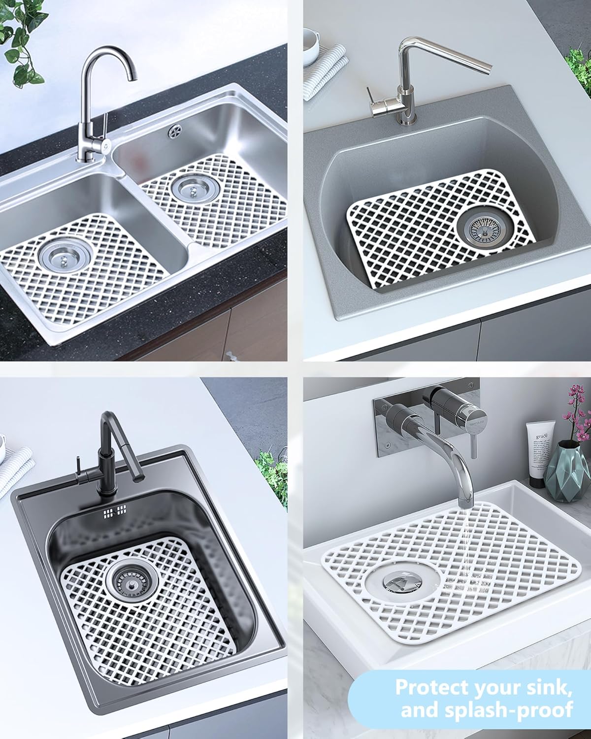 2 Pack Silicone Sink Protectors for Kitchen Sink, Lozenge Pattern 13 x 11 Inches Sink Mat, Non-Slip and Durable Sink Protector Silicone, Rear Drain, White