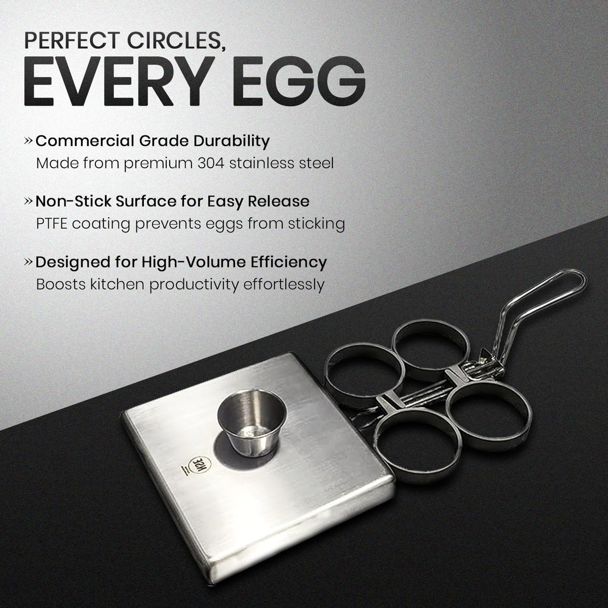 Rattleware Stainless Steel Egg Rings - Commercial-Grade, Even Cooking, Heat-Resistant Handle, Ideal for Frying Eggs - Durable & Trusted by Professional Chefs Worldwide (4 Ring Set)